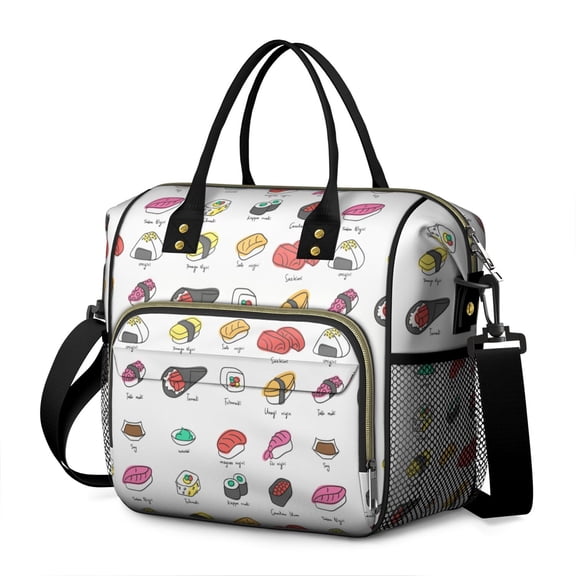 Reusable Insulated Lunch Bag for Sushi Fans – Japanese Food Design, Leakproof Cooler with Multi-Pockets & Strap, Perfect Bento Carrier for Adults