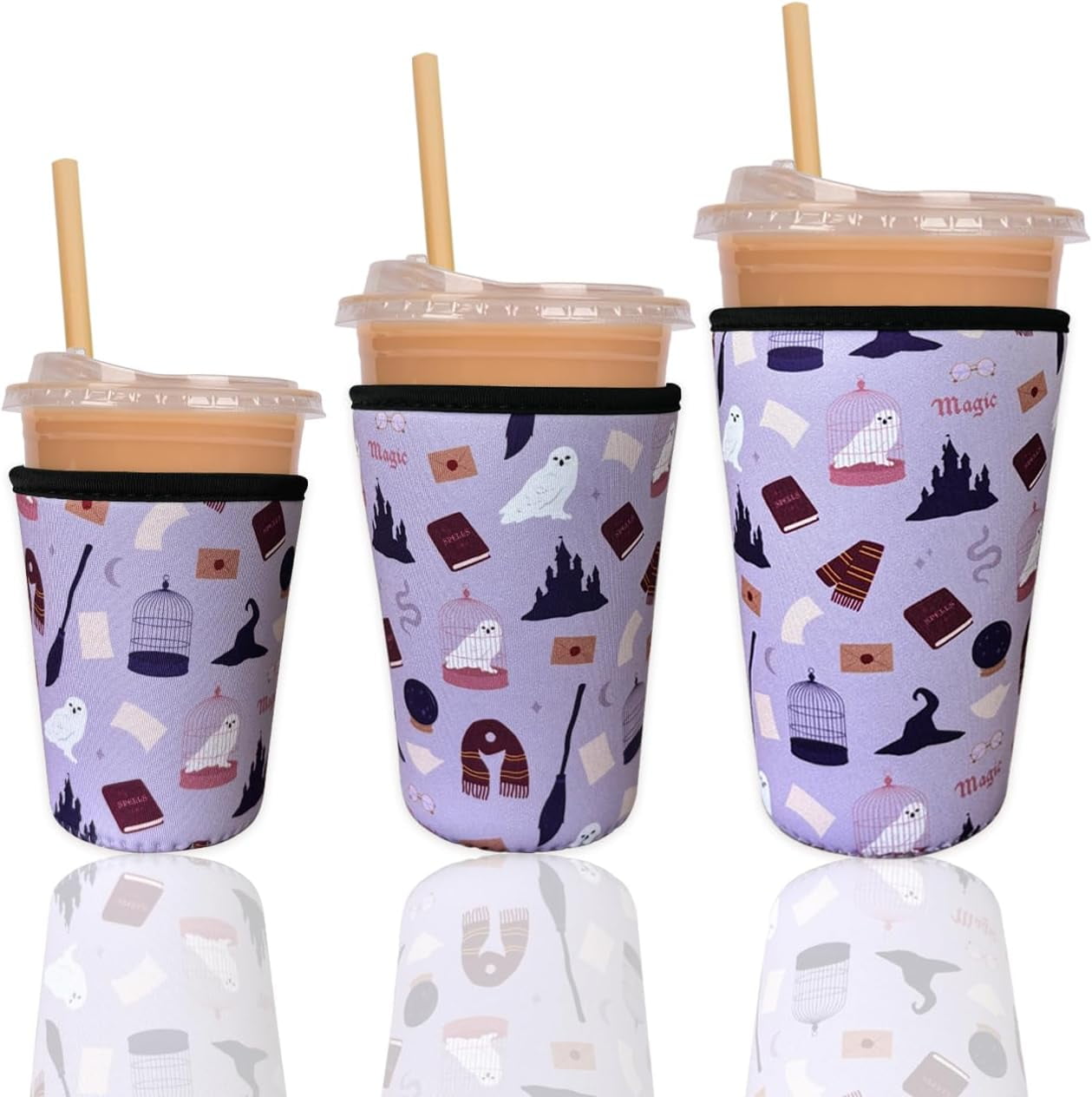 3-Pack Reusable Neoprene Iced Coffee Cup Sleeves - Insulated Drink Sleeves For Cold Beverages, Floral Checker Design