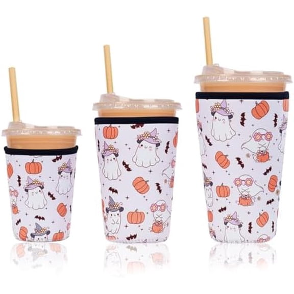 Reusable Insulated Neoprene Iced Coffee Cup Sleeve, Halloween Ghost for Boo Basket Stuffers, Durable Drink Sleeve for Cold Beverages, Beverage Holder for Iced Coffee, Halloween Spooky