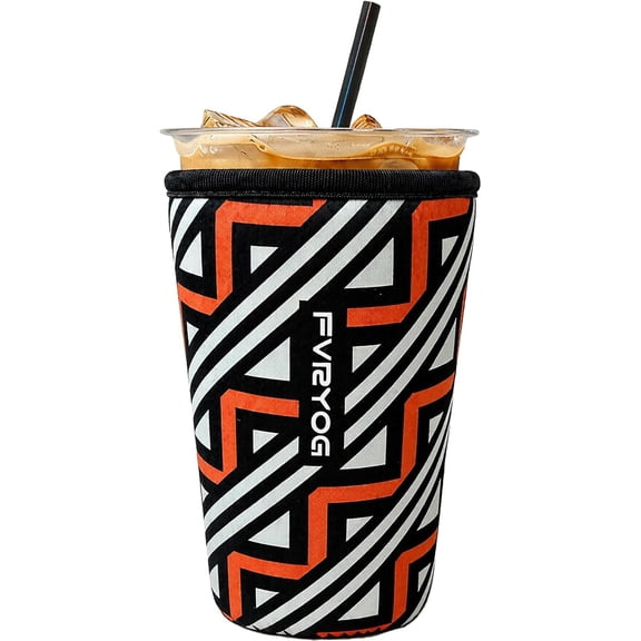 Reusable Insulated Neoprene Iced Coffee Sleeves for Iced Coffee Cups, Coffee Coolies sleeves for Iced & Hot Drinks Black Orange White Geometric,L(32oz)