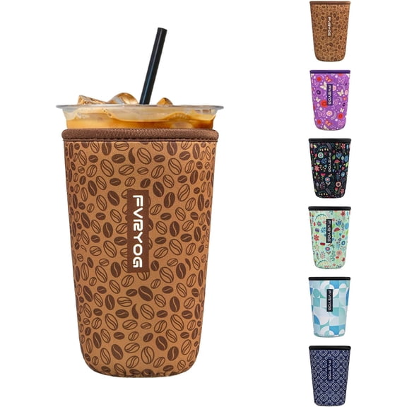 Reusable Insulated Neoprene Iced Coffee Sleeves for Iced Coffee Cups, Coffee Coolies sleeves for Iced & Hot Drinks Brown Coffee Beans,L(32oz)