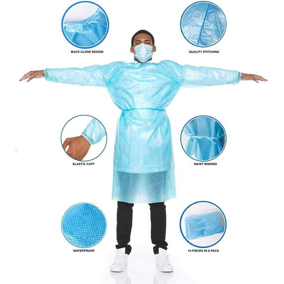 Reusable Isolation Gowns Unbranded Washable Protective Gowns Blue For Doctor Nurse Medical Lab (L, 5 Pack)