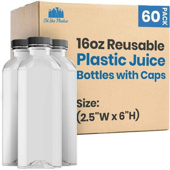 Oh Yes Plastics Reusable Juice Bottles with Caps - BPA Free Juice Containers Plastic Bottles with Lids for Water, Smoothies, Lemonades, Sodas, Coffees, Juices - 24 Pack, 16oz Drinking Bottle