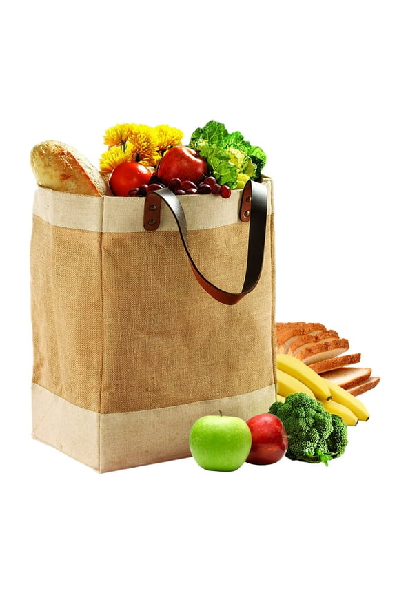Reusable Jute French Market Tote Burlap Grocery Bags with Faux Leather Strap Handles, Interior Pocket, and Water Resistant Inner Lining Jute Shopping Bag, EXULTIMATE
