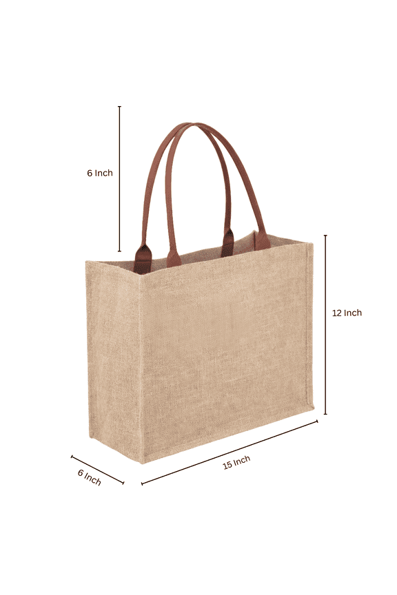 Reusable Jute Tote Bag with Leather Handles  Eco-Friendly Burlap Shopping Bag, 15 x 12 x 6 Inch, Natural Color