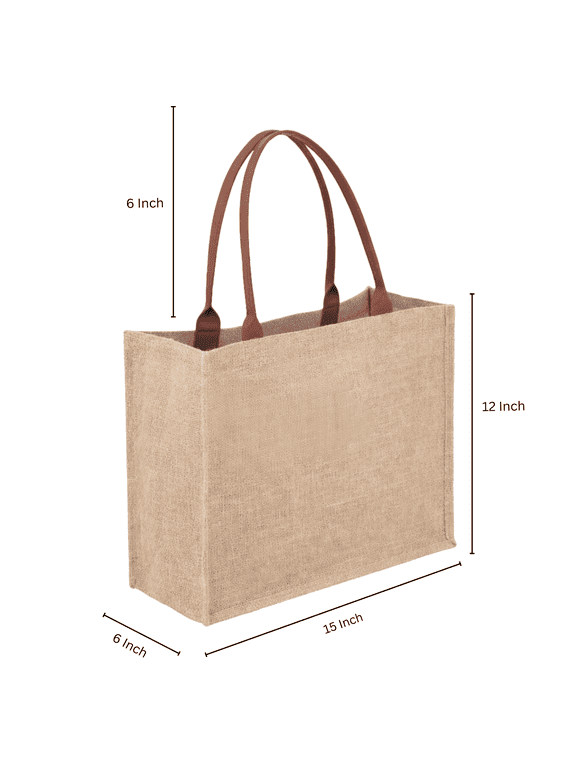 Reusable Jute Tote Bag with Leather Handles Eco-Friendly Burlap Shopping Bag, 15 x 12 x 6 Inch, Natural Color