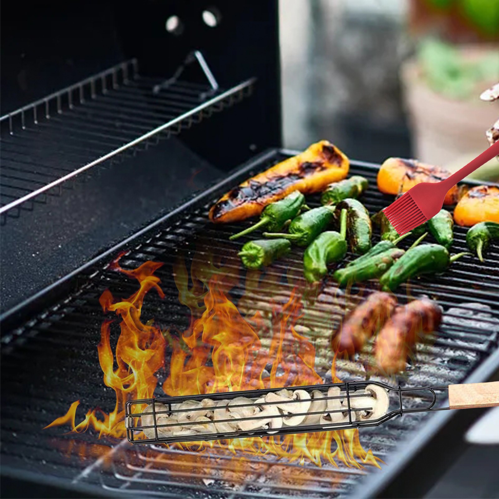 Reusable Kabob Grill BBQ Wooden Handle Sausage Grill With Silicone ...