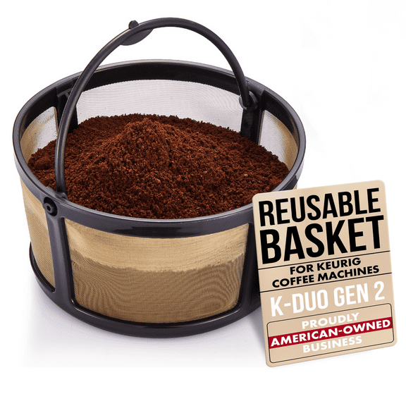 Reusable Keurig Mesh Coffee Filter Basket for K Duo, K-Duo Essentials, Keurig Duo Hot & Iced Coffee Makers by PureHQ Refillable Gold Tone Carafe Filter for Ground Coffee