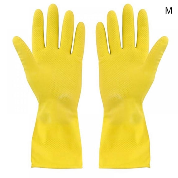 Reusable Kitchen Cleaning Gloves, Household Dish-Washing Washing Clothes Rubber Gloves Latex Waterproof Long Cuff Housework Gloves 1 Pair (Yellow)