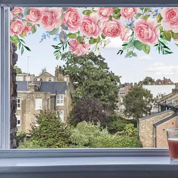 Reusable Large Rose Window Clings Transparent Stained Spring Floral Window Stickers Static Non Adhesive Double-Sided Decal Summer Removable Window Sticker Glass Door Covering Film
