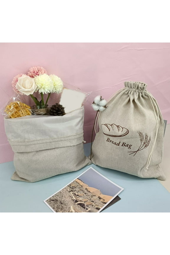 Reusable Linen Bread Bags with Plastic Liner - 2 Pack, 15x11 Inch for Sourdough, Homemade Bread Storage, Zero Waste Kitchen, Drawstring Closure
