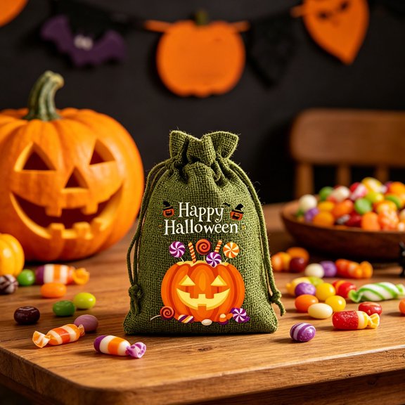 Reusable Linen Drawstring Halloween Candy Bag, Portable Multipurpose Goodie Gift Pouch for Youngster, Lightweight Trick or Treat Snack Bag, Practical Storage Bag for Halloween Holiday Decoration