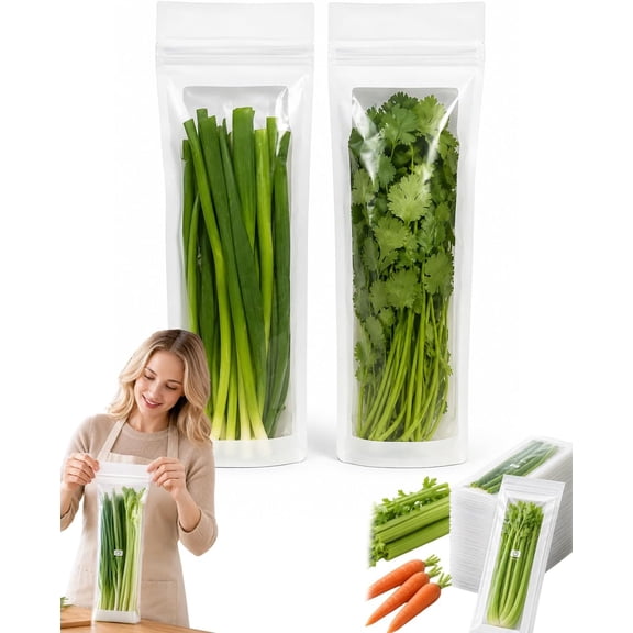 Reusable Long Food Storage Bags, Double-Zip Leakproof Freezer Safe Produce Saver For Green Onions Celery (12.6 Inch)60Pcs