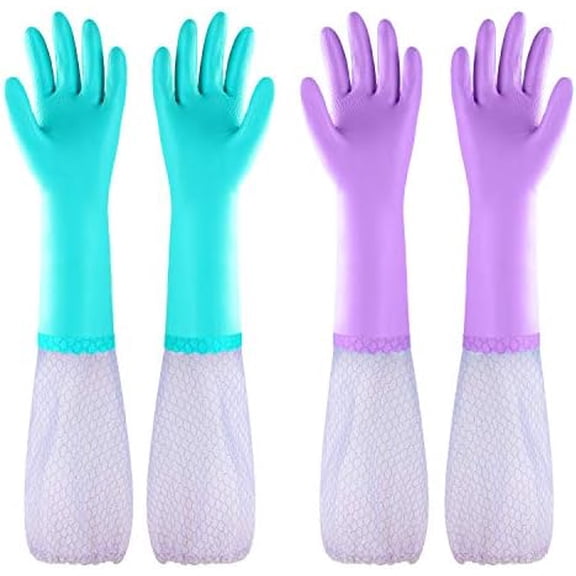 Reusable Long Sleeve Dishwashing Cleaning Gloves with Latex Free,Cotton Lining,Kitchen Gloves 2 Pairs,Purple+Blue L