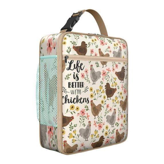 Reusable Lunch Tote Bag – Cute Farmhouse Chicken & Egg Watercolor Design, Rustic Rooster & Floral Country Farm Print for Work, School, Picnic