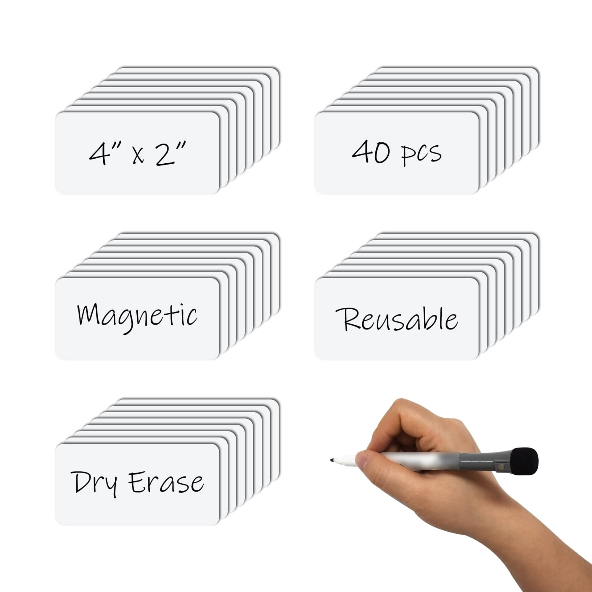 Reusable Magnetic Labels, Dry Erase Whiteboard Labels 4x2 Inch, Pack of 40, Strong Adhesive Magnetic Name Tags for Fridge, Office, Classroom, White