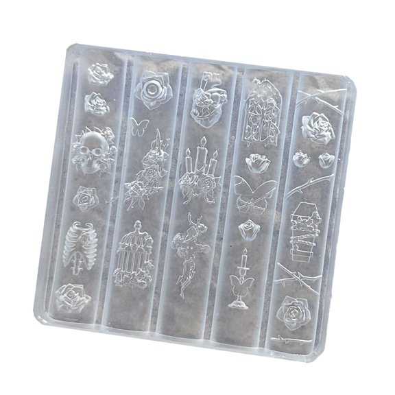 Reusable Manicure Sculpting Template For Three-Dimensional Art Designs Featuring Floral Butterfly And Skull Patterns