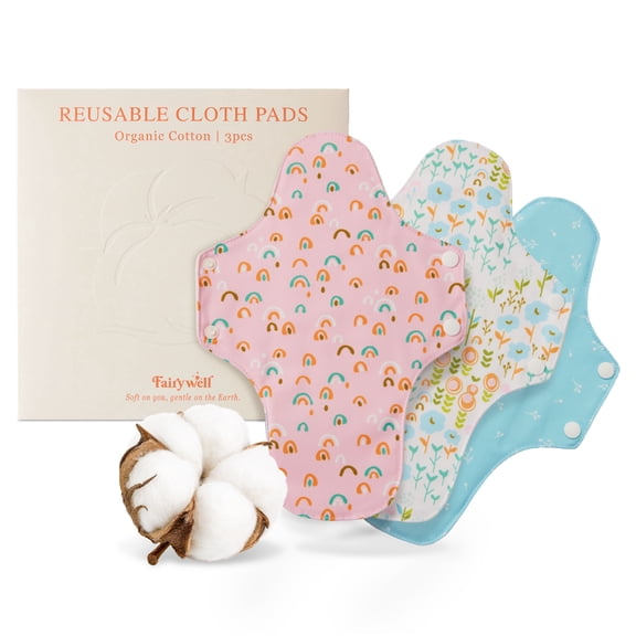Reusable Menstrual Cloth Pads (3-Pack) - 100% Certified Organic Cotton, Fragrance & Chemical-Free, Machine Washable Sanitary Napkins (Sunny Bloom, Large(11.8"))