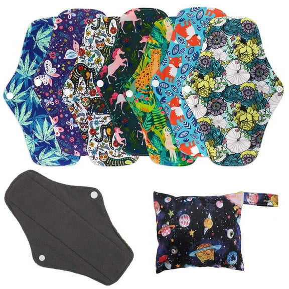 Reusable Menstrual Pads (7 in 1,10in*7in),Bamboo Cloth Pads for Heavy Flow with Wet Bag,Large Sanitary Pads Set with Wings for Women,Washable Overnight Cloth Panty Liners Period Pads