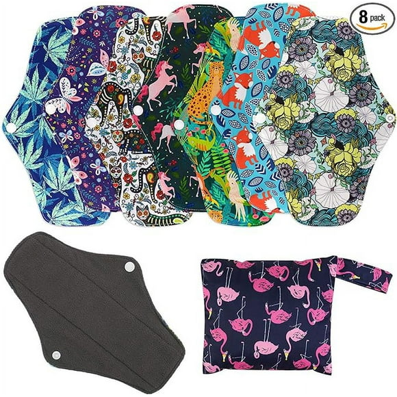 Reusable Menstrual Pads (7 in 1, 25.4cm 4 Layers), Bamboo Cloth Pads for Heavy Flow with Wet Bag, Large Sanitary Pads Set with Wings for Women, Washable Overnight Cloth Panty Liners Period Pads