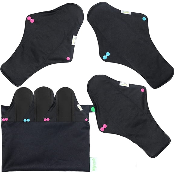 Reusable Menstrual Pads - Reusable Sanitary Pads | Reusable Panty Liners | Soft Cloth Menstrual Pads - 6 Pack with 1 Cloth Mini Wet Bag (X-Large, Black)