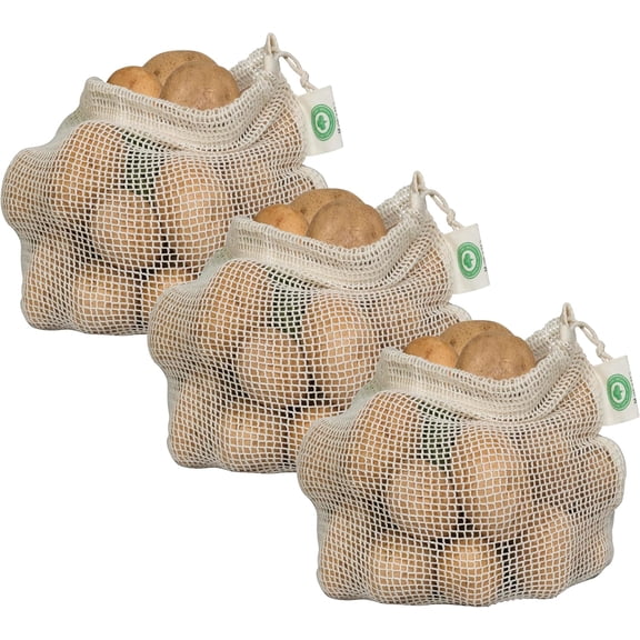 Reusable Mesh Produce Bags made from 100% Organic Cotton - 12"x10", Perfect Reusable Net Vegetable Bags - Washable Fruit, Vegetable & Produce Sacks (3 Medium)