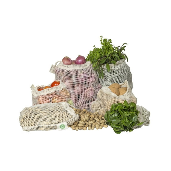 Reusable Mesh Vegetable Bags of 100% Organic Cotton - 6 Pieces Perfect Net Produce Bags - Eco-friendly, Bio-degradable & Washable Fruit, Vegetable & Produce Bags (3 Medium, 3 Small)