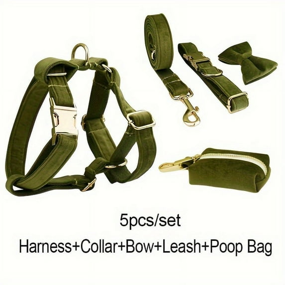 5pcs/set NEWKBO Personalized Soft Velvet Dog Collar and Leash Set with Gentle Design Bow Harness Poop Bag Holder - Engraved Custom Name and Phone Number Walking Supplies for Pets Outdoo