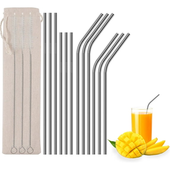 Reusable Metal Straws 12 Pack, Stainless Steel Straws with Portable Travel Case and 3 Cleaning Brushes,8.5/10.5'' Long Sliver Drinking Straws for Tumbler 20-32 OZ(6 Straight&6 Bent).