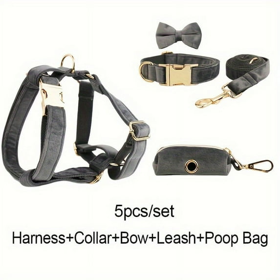5pcs/set NEWKBO Personalized Soft Velvet Dog Collar and Leash Set with Gentle Design Bow Harness Poop Bag Holder - Engraved Custom Name and Phone Number Walking Supplies for Pets Outdoo