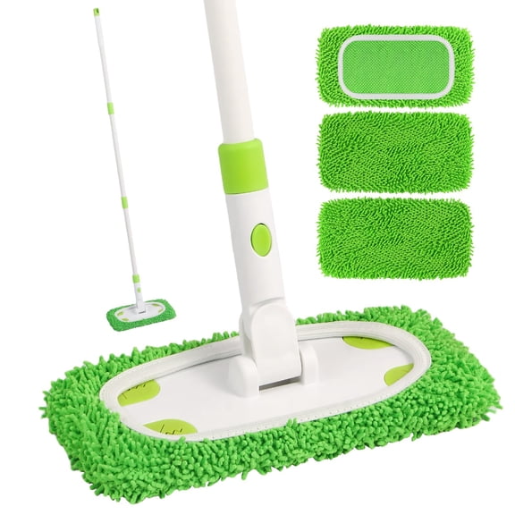 Reusable Microfiber Floor Mop System, Wet Dry Sweeper Kit, Includes eeper Handle, Washable Chenille Mop Pads, Dry Wet Use for Hardwood, Tile, and Laminate Floor
