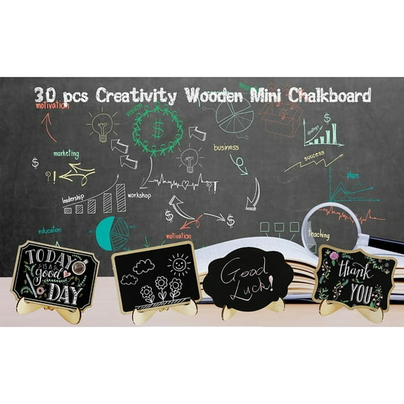 Reusable Mini Chalkboard Signs 30 Pcs in 3 Designs for Food Labels, Table Numbers, and Place Cards Display, Small Blackboards for Weddings, Buffet, and Parties with Wooden Frame and 2 Chalk Markers