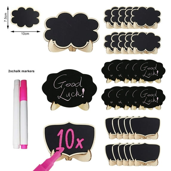 Reusable Mini Chalkboard Signs 30 Pcs in 3 Designs for Food Labels, Table Numbers, Small Blackboards for Weddings, Buffet, and Parties with Wooden Frame and 2 Chalk Markers