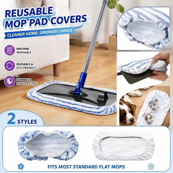 Reusable Mop Replacement Pad, Microfiber Mops for Floor, Dust Mops for Floor, Pet Removal, White 15X8 Inch Stretchable Fitted Cloth Cover Compatible with Most Standard 15-Inch Mop