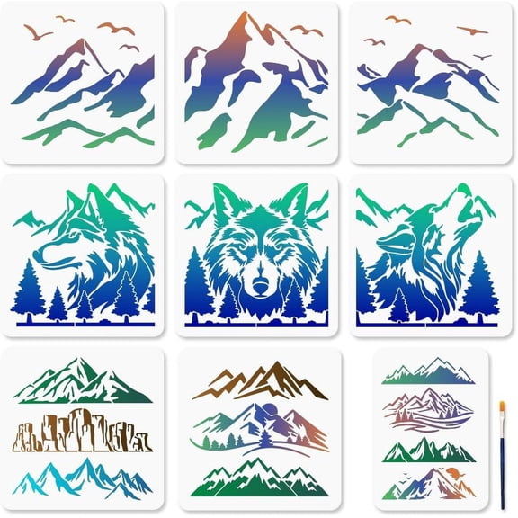 Reusable Mountain Wolf Forest Landscape Stencil Templates for DIY Wall Art Wood Canvas Multi-Size Painting Stencils with Paint Brush Durable Craft Stencils for Home Decor Projects