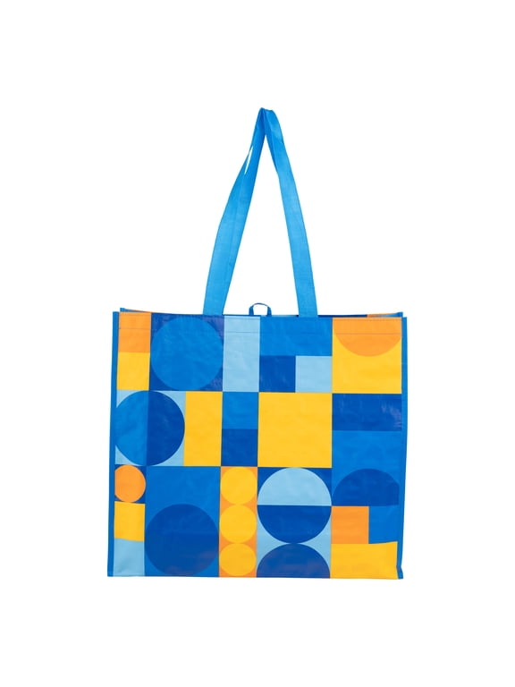 Reusable, Multi-Functional Wide Grocery Bag, Blue and Yellow Abstract Design