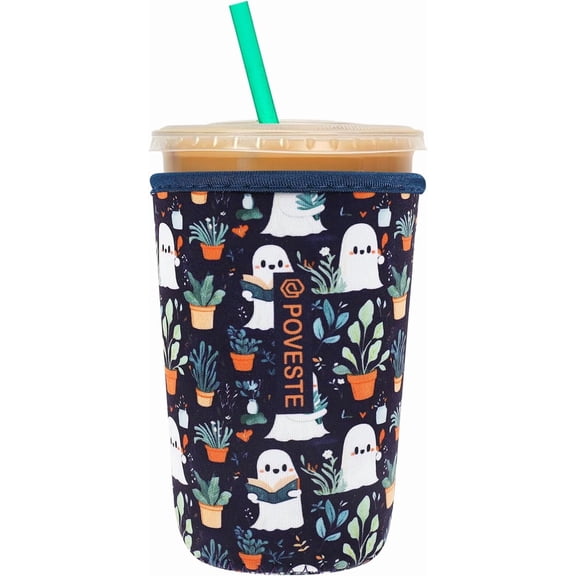 Reusable Neoprene Insulator Sleeve for Iced Coffee & Cold Soda, Coffee Sleeves for Iced & Hot Drinks, Cold Beverage Cooler Compatible with Starbucks, Dunkin (Happy Ghost Garden, Medium: 22-24oz)