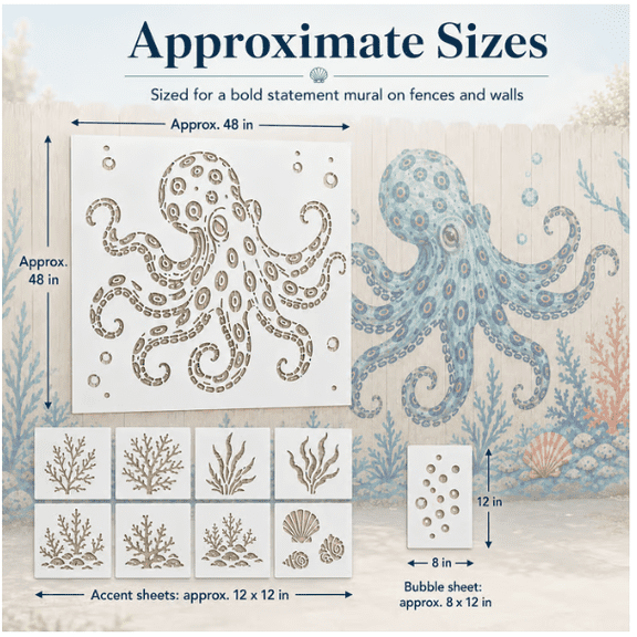 Reusable Ocean Octopus Mural Stencil Set, Beginner Friendly Outdoor Patio Poolside Wall Decor Template