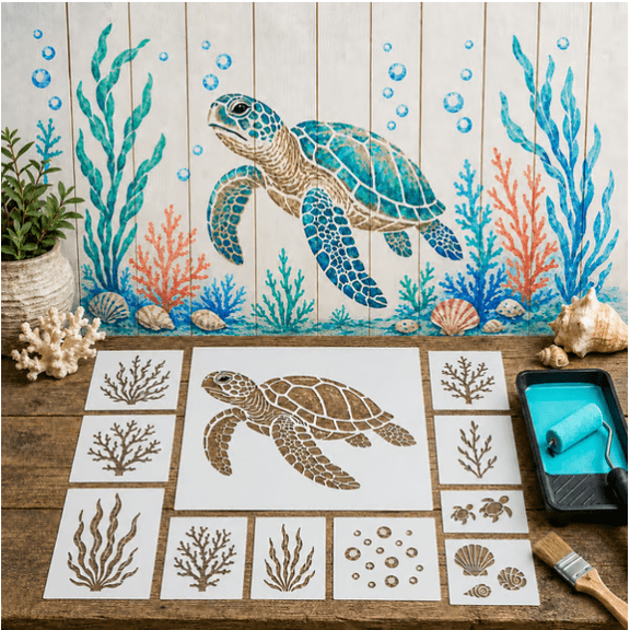 Reusable Ocean Sea Turtle Mural Stencil Set, DIY Underwater Art Template for Beach House & Coastal Home Decor