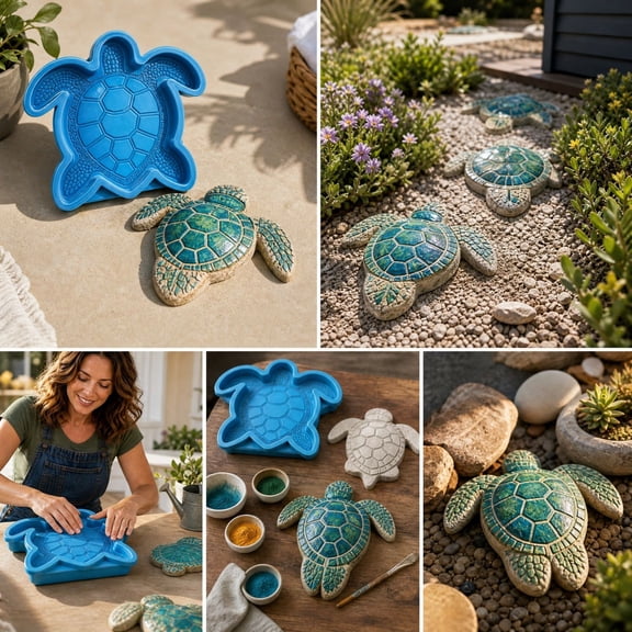 Reusable Ocean Theme Garden Art Mold, 10'' Sea Animal Stepping Stone Mold Cement Molds for Concrete Plastic Concrete Mold for Casting Garden and Walkway (Sea Turtle)