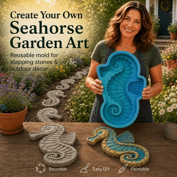 Reusable Ocean Theme Garden Art Mold,2026 Stylish Underwater Motif Cement Stepping Stone Mould, Beginner-Friendly DIY Tool to Create Custom Coastal Garden Walkway Art(Seahorse)