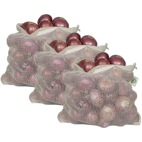 Reusable Onion Storage Bags - Organic Cotton Mesh Onion Bags with Drawstring - Washable Onion Holder Storage - Net Onion Keeper Sacks - Perfect Potato Storage Bags - Root Vegetable Sacks (3 X-Large)