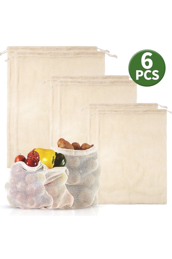 Reusable Organic Cotton Mesh Produce Bags - Organic Cotton Vegetable Fruit Grocery Bags with Drawstrings for Grocery Shopping,Fruits & Vegetables,6 Pcs