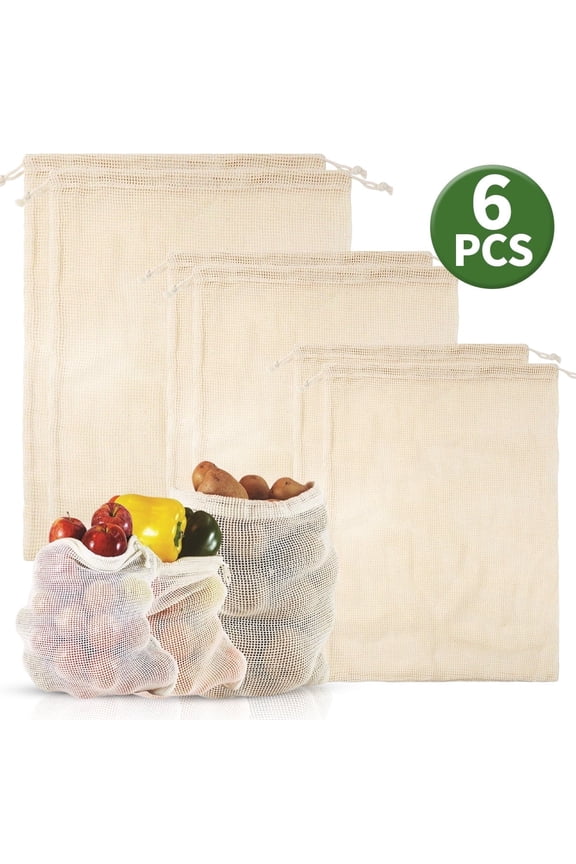 Reusable Organic Cotton Mesh Produce Bags - Organic Cotton Vegetable Fruit Grocery Bags with Drawstrings for Grocery Shopping,Fruits & Vegetables,6 Pcs