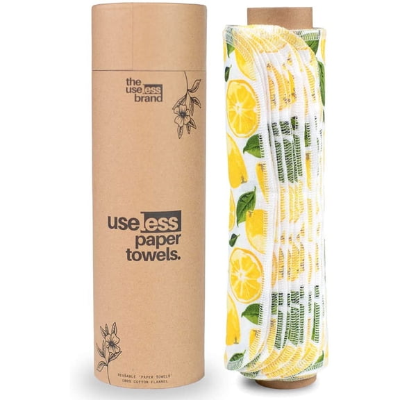 Reusable Paper Towels Roll | 12 Eco Friendly Washable Cotton Flannel Towels w/Cardboard Roll | Zero Waste & Sustainable | Fits on Most Holders (Lemons, 12 Pack)