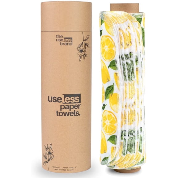 Reusable Paper Towels Roll | 12 Eco Friendly Washable Cotton Flannel Towels w/Cardboard Roll | Zero Waste & Sustainable | Fits on Most Holders (Lemons, 12 Pack)