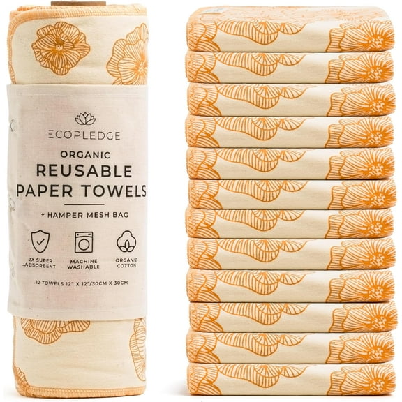 Reusable Paper Towels Washable Roll - Thick 12-pc Two Layered Ultra Absorbent Paperless Certified Organic Cotton Towels - Large Cloth Kitchen Paper Towel with Hanging Loop