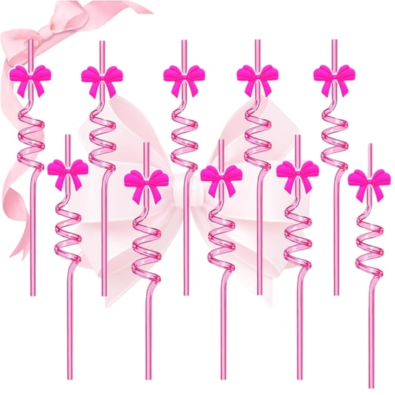 Reusable Pink Bow Straws - 10 PCS Plastic Ocean Creature Drinking Straws for Kids Party Decorations - Beach Pink Bow Themed Party Supplies