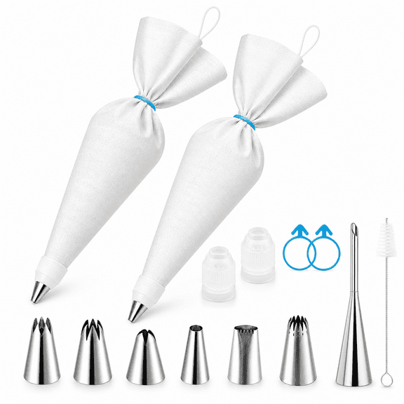 Reusable Piping Bags and Tips Set, 16 Inch Pastry Bags with 7 Stainless Steel Icing Tips, Couplers, Cleaning Brush for Cake Decorating, Cupcakes, Cookies Baking Kit
