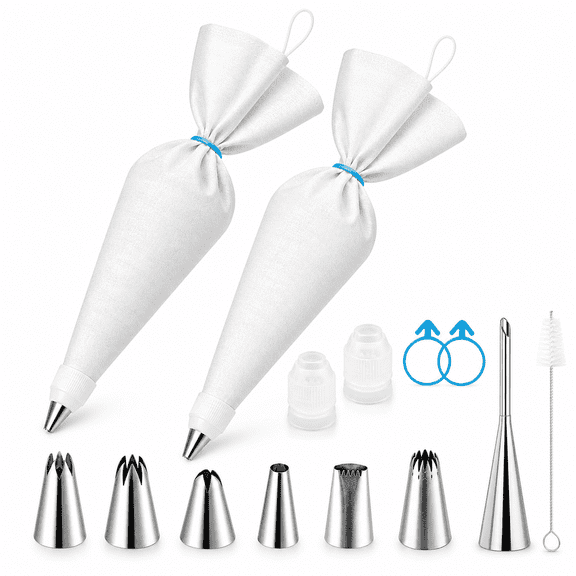 Cake Decorating Kit with Reusable Piping Bags, 16 Inch Pastry Bags with 7 Stainless Steel Icing Tips, Couplers and Cleaning Brush for Cupcakes, Cookies and Baking